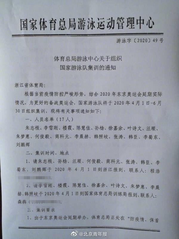孙杨入选中国游泳队奥运集训名单