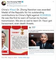 华春莹“尴尬”对比：钟南山被授予“共和国勋章”，福奇却收到死亡威胁