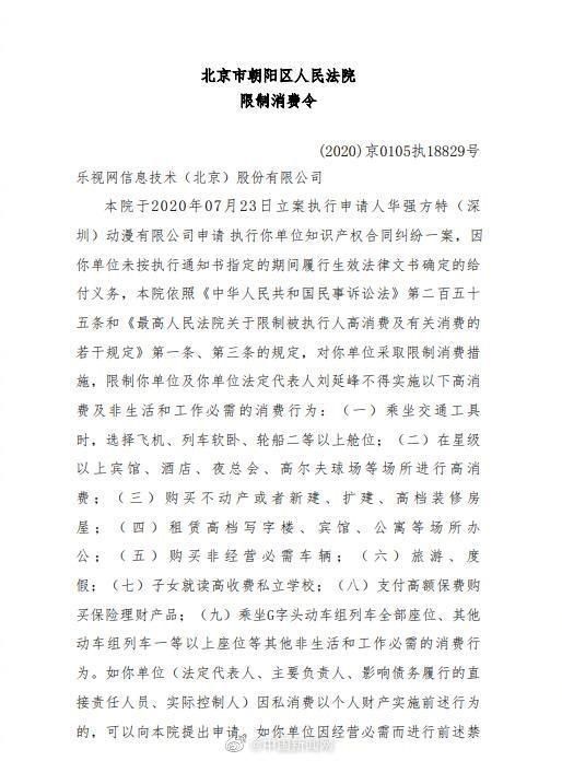 北京市朝阳区人民法院限制消费令