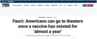 美国电影院何时可复工？福奇：得等新冠疫苗问世“近一年”，至少是2021年中
