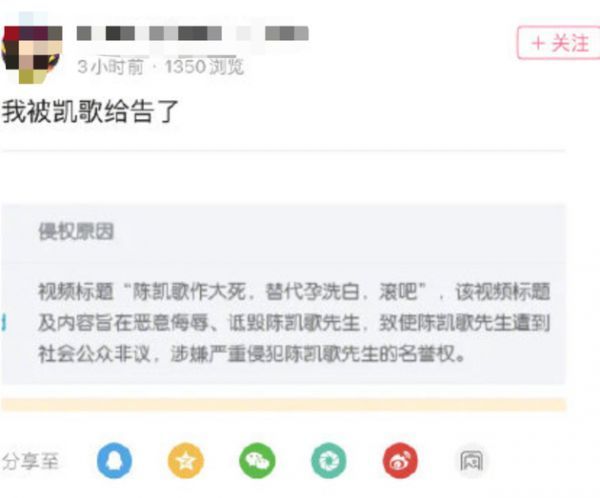视频博主称被陈凯歌举报
