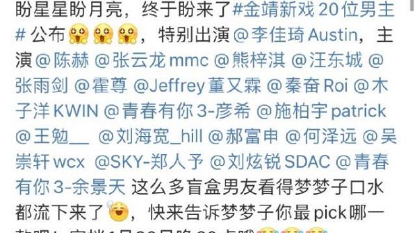 好家伙金靖好爽啊，和20位男主角一起演戏，不知道是什么形式？