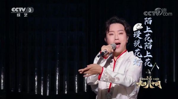 在央视的舞台上，李玉刚现场表演歌曲《陌上风雅》……