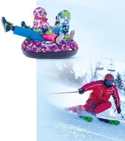 　　左上：雪友乘坐雪圈嬉戏。　　右下：雪友享受滑雪乐趣。　　翟廷飞摄