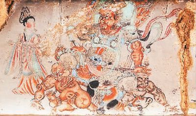 　　佛光寺东大殿束腰壁画局部。　　（图片来源：北京国文琰文化遗产保护中心）