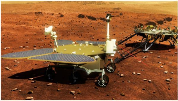▲“祝融号”火星车火星表面工作想象图。图片来源:航天五院供图。