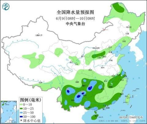 图3 全国降水量预报图(6月9日08时-10日08时)