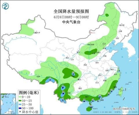 图2 全国降水量预报图(6月8日08时-9日08时)