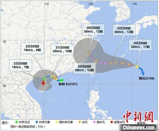 台风“查帕卡”和“烟花”7月20日05时预报路径图。 海南省气象服务中心 供图