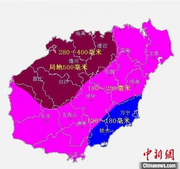 海南岛2021年7月21日08时~24日20时过程累积雨量预报图。 海南省气象服务中心 供图