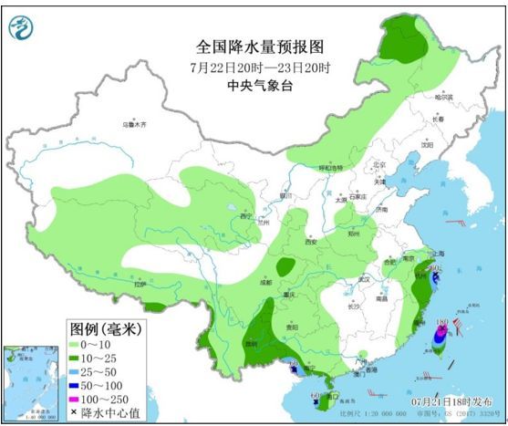 全国降水量预报图(7月22日20时-23日20时)