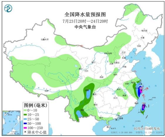 全国降水量预报图(7月23日20时-24日20时)