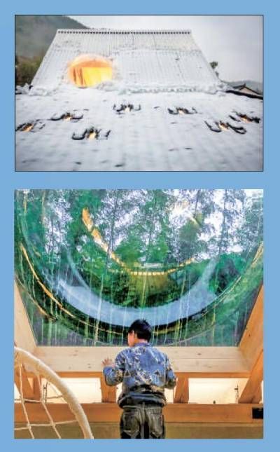     在万涧村，由中规院党费捐赠、土上建筑工作室设计的萤萤公益书屋，是孩子们的学习空间。上图为书屋屋顶的“气泡窗”，下图为书屋内景。受访者供图