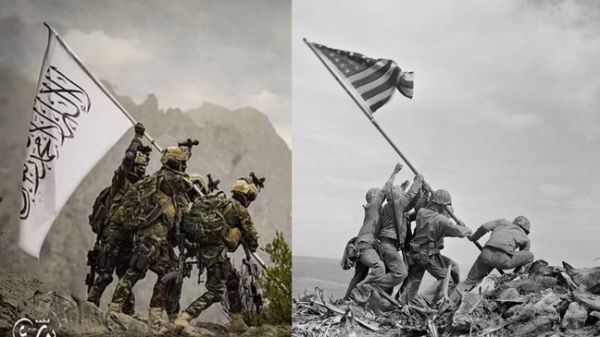 左图为塔利班士兵拍摄的宣传照片,右边为美军在折钵山上升起美国国旗