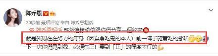 陈乔恩发文澄清自己只是吃太多。