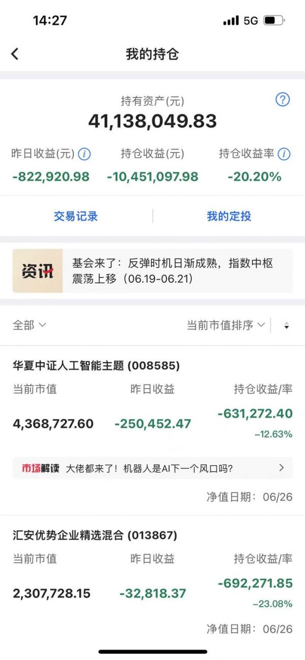 许林的持仓基金持续亏损,6月26日就亏损82万。