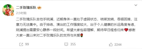 不参加《歌手》了？二手玫瑰乐队吉他手姚澜暂别演出