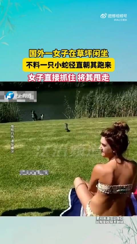 国外一女子在草坪闲坐,不料一只小蛇径直朝其跑来,女子直接抓住 将其甩走