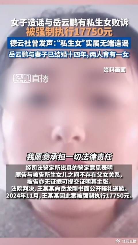 造谣与岳云鹏有私生女女子败诉 被强制执行17750元