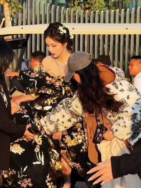 白鹿黑底繁花长裙亮相,钻石项链闪耀如画中仙