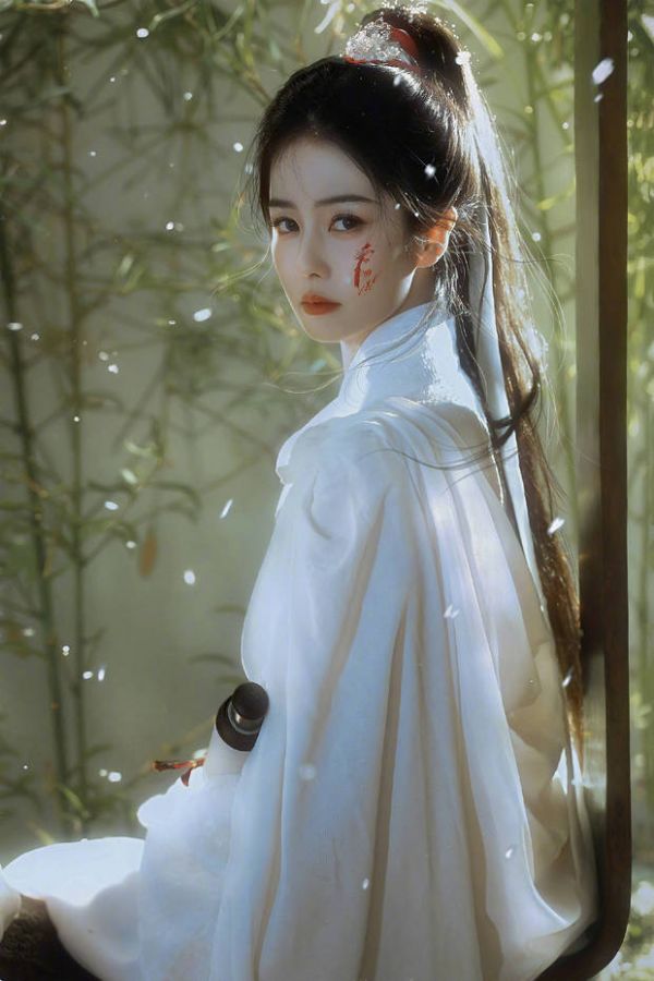 白鹿在竹林飞雪中回眸,清冷决绝。