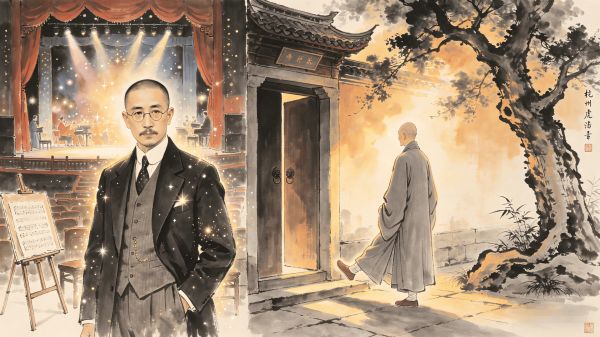 李叔同与弘一法师水墨对比图生成.png