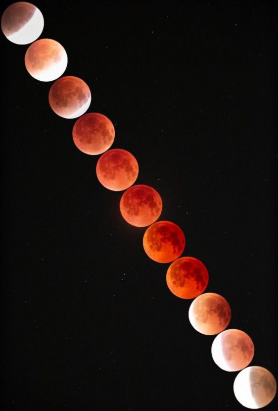 2025年9月7日夜晚至8日凌晨，在北京丰台拍摄的“红月亮”（多张叠加）。新华社发（王磊 摄）